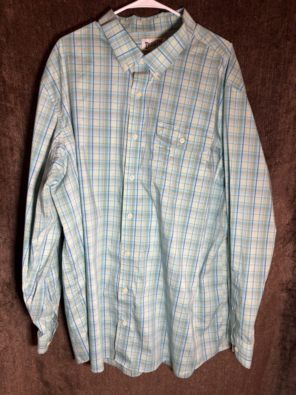 Duluth Trading Co Light Green& Blue Plaid Button-Down Shirt